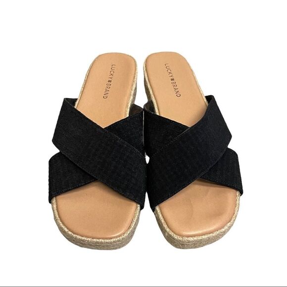 LUCKY BRAND Gayte Slip On Espadrilles Sandals Suede Leather Black Tan 10 - Picture 2 of 11